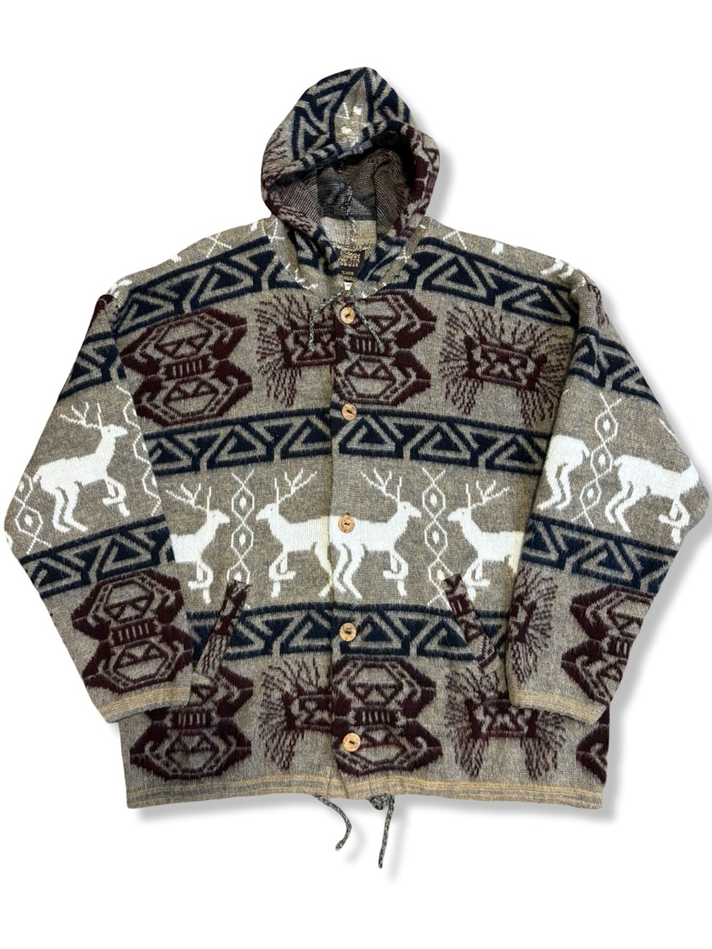 Vintage Hooded Aztec Reindeer Pattern Knit Jacket